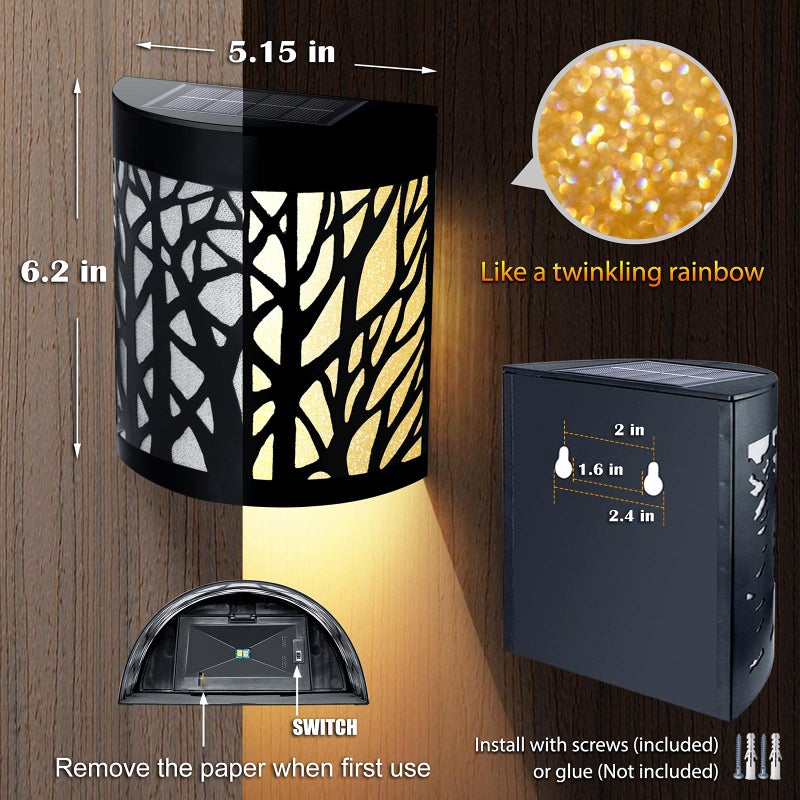 DenicMic Solar Wall Lights Outdoor Wall Sconce Fence Lighting for Patio Front Door Yard Deck Stair Led Forest Decorative Lamps, Waterproof, Warm White/Color Changing (2 Pack) - Image 5